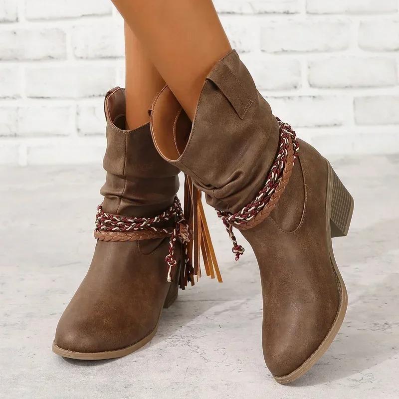 Női Vintage barna Western Cowboy csizma őszi téli bojt PU bőr bokacipő női redőzött magas sarkú lábszárközépig érő csizma