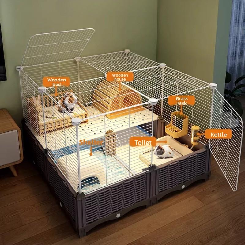 Guinea Pig Cage Mansion with Toilet Double Layer Enclosed Platform for Dutch Pigs Spacious Landscape Habitat Large Rodent Home