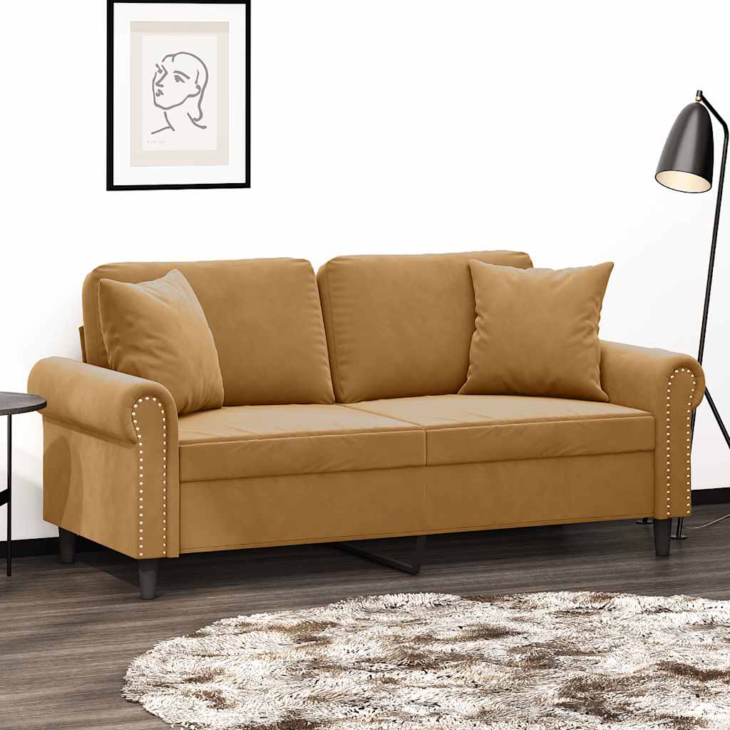 2 Seater Sofa with Decorative Cushions Brown 140 cm Velvet