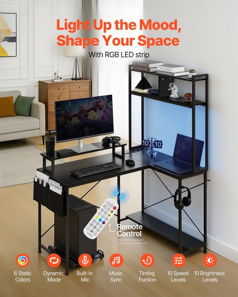 L-Shaped Gaming Desk with LED Lights, 1.2m Reversible Corner Computer Desk with Monitor Stand, Power Outlets, Movable CPU Stand & Shelf, Modern