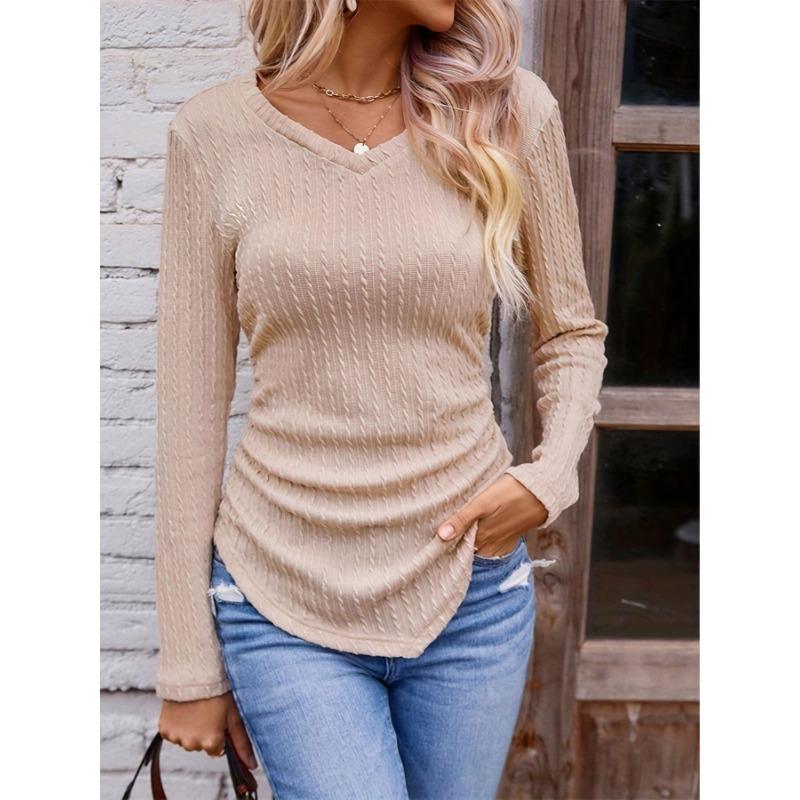 Women's Autumn and Winter Models Long-sleeved Irregular Slim V-neck Solid Colour Knitted T-shirt
