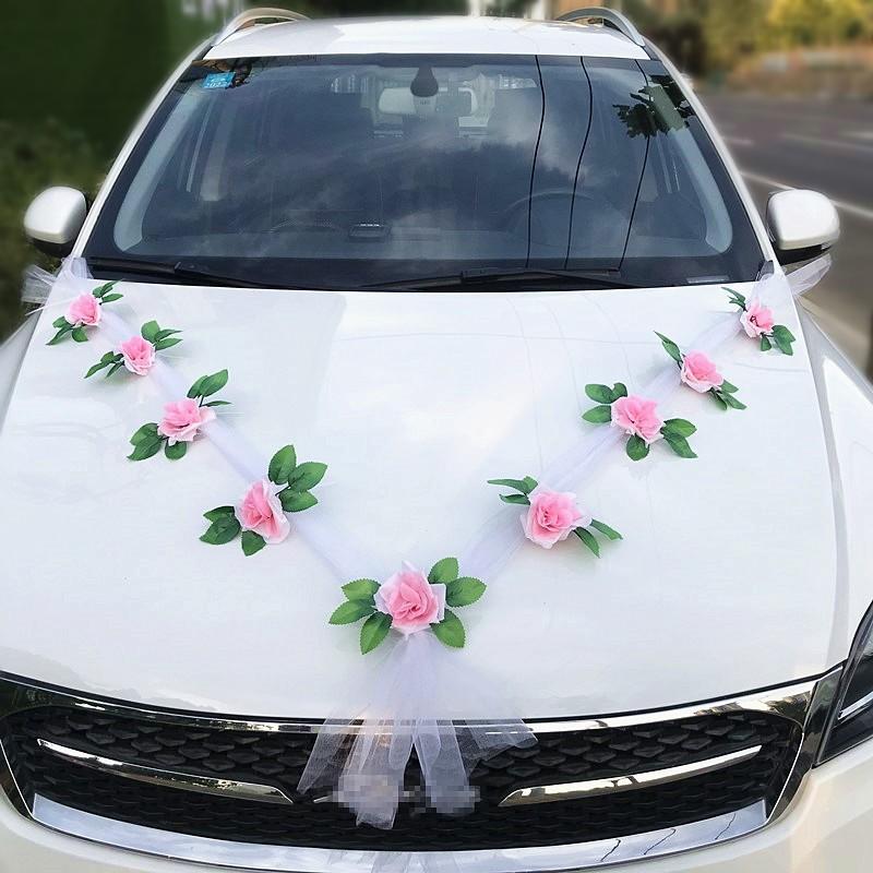 Soft Organza Tulle White Silk Rose Garland Romantic Wedding Car Front Hood And Door Handle Decoration Accessory