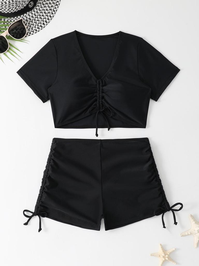 European & American Women's Solid Color High-Waisted Two-Piece Swimsuit Bikini