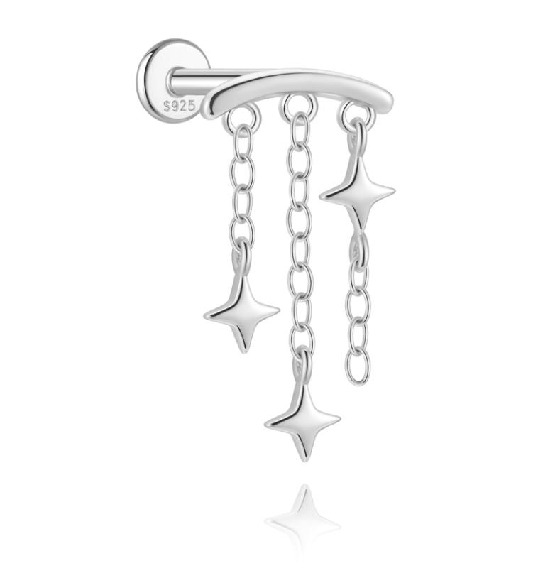 CANNER 1PC 925 Silver Eight-pointed Star CZ Piercing Earring For Women Tassel Chain Stud Earring Party Fine Jewelry
