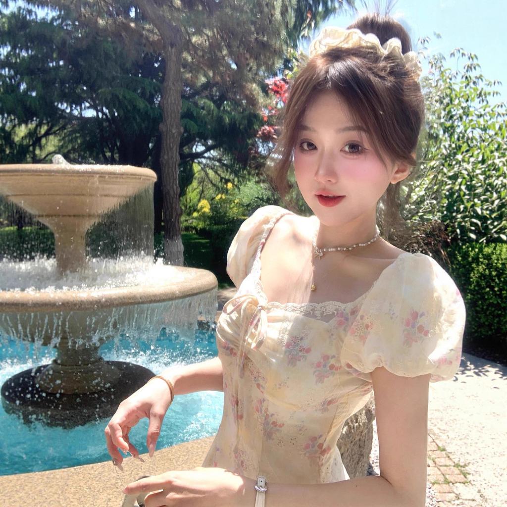 Bubble Sleeve Shoulder French Apricot Floral Short Sleeve Dress Small Man Summer Beautiful Small Skirt