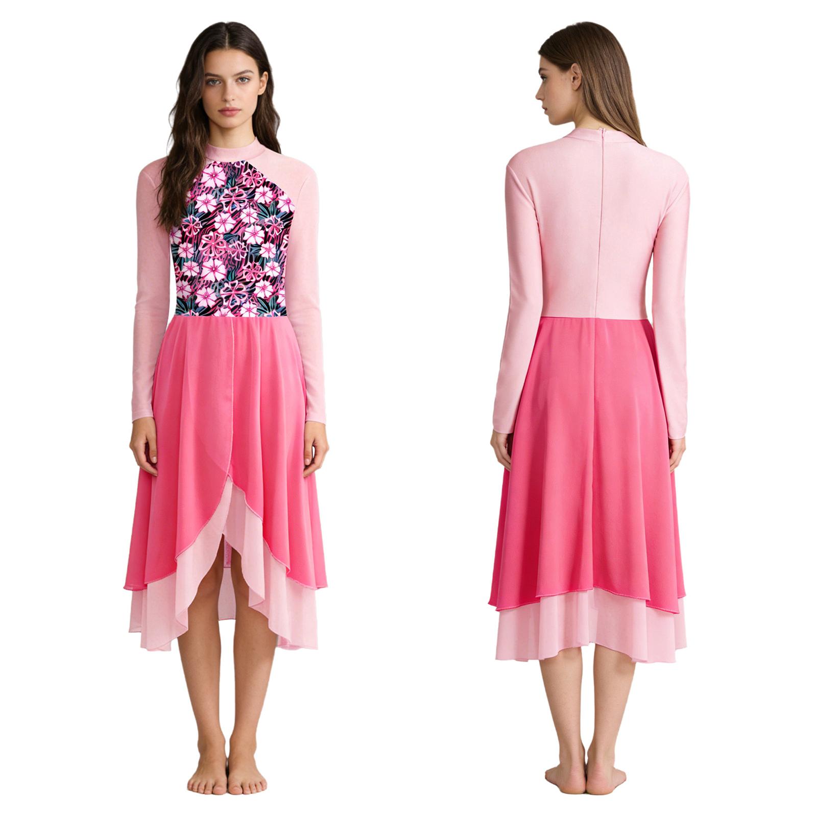 

S-XXL Women Worship Praise Dress Chest Printed Long Sleeve Irregular Tiered Chiffon Hem Color Block Built-in Briefs for Lyrical Church Dance S горячий розовый