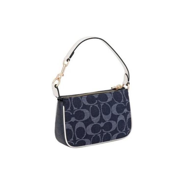 COACH Nolita Jacquard Fabric With Leather Pochette Shoulder Bag Handheld Wrist Handbag Mini Women's Denim Blue C3334-IMDEI