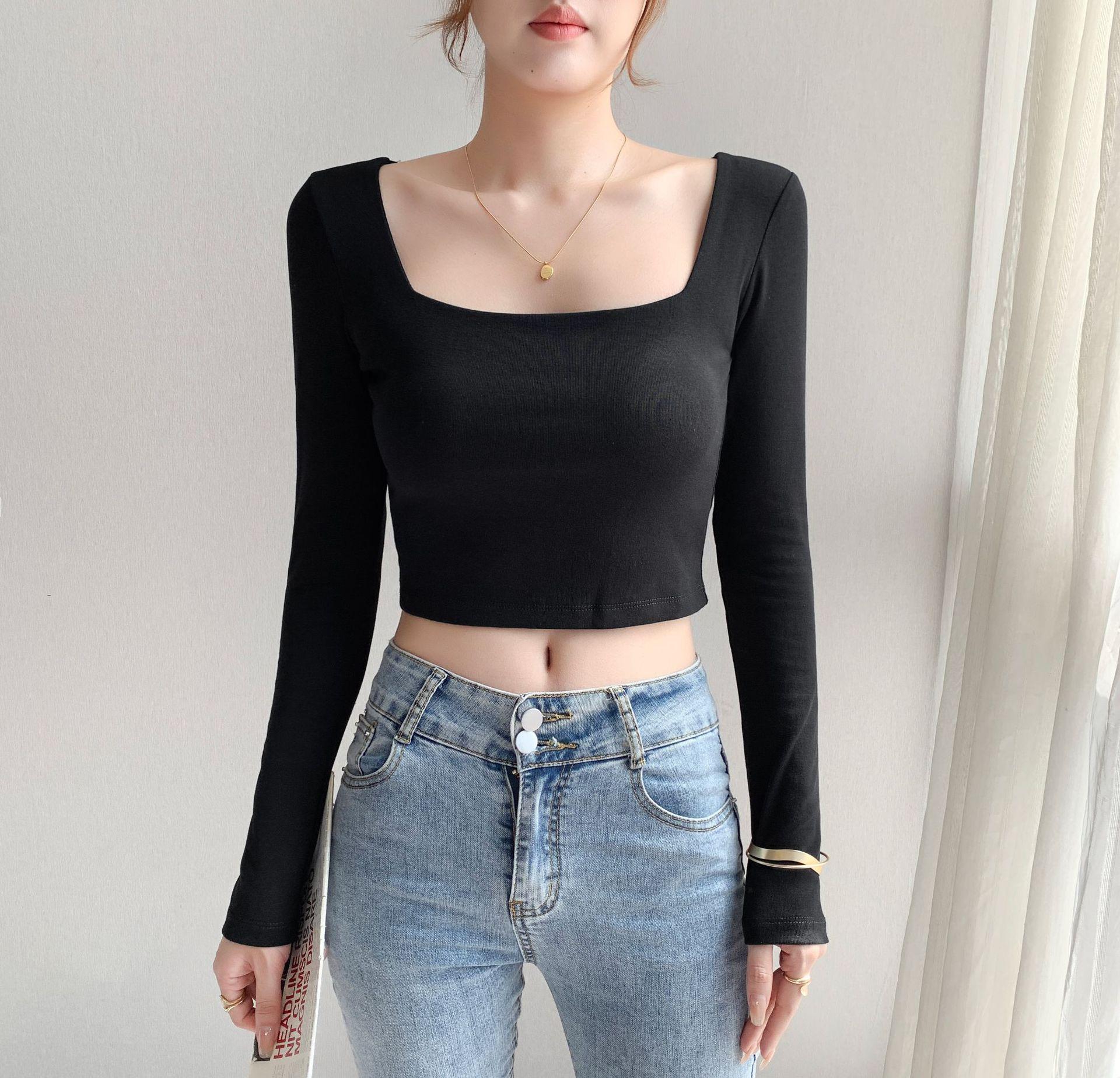 

Square-Collar Women s Top: Autumn/Winter, Long Sleeve, Versatile, Cropped, Exposed Midriff, New Style XXL (125-140 lbs recommended)