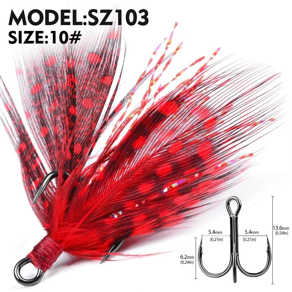 Größe 6#-10# Scharfe Drillinge mit Widerhaken Kohlenstoffstahlmaterial Feder-Jig Angelhaken Stärkedesign Federdekoration