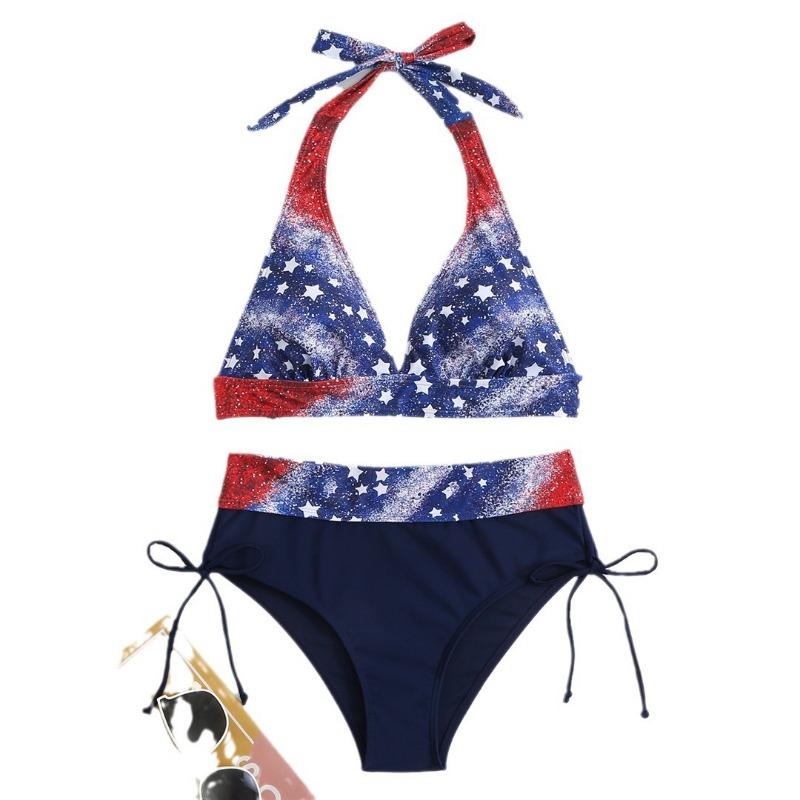Women Flag Print Bikini Set Red Blue White Star Stripe 2 Piece Swimsuit