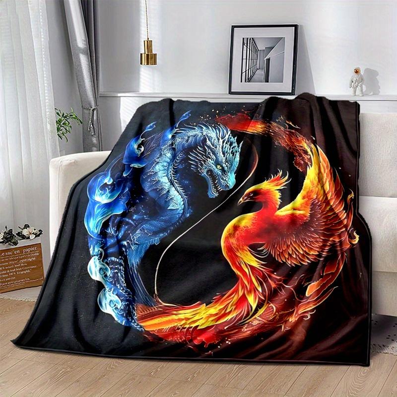 1pc Blue Dragon and Red Phoenix Blanket Soft Throw for Home Decor, Gift Idea,Living Room, Travel, Camping