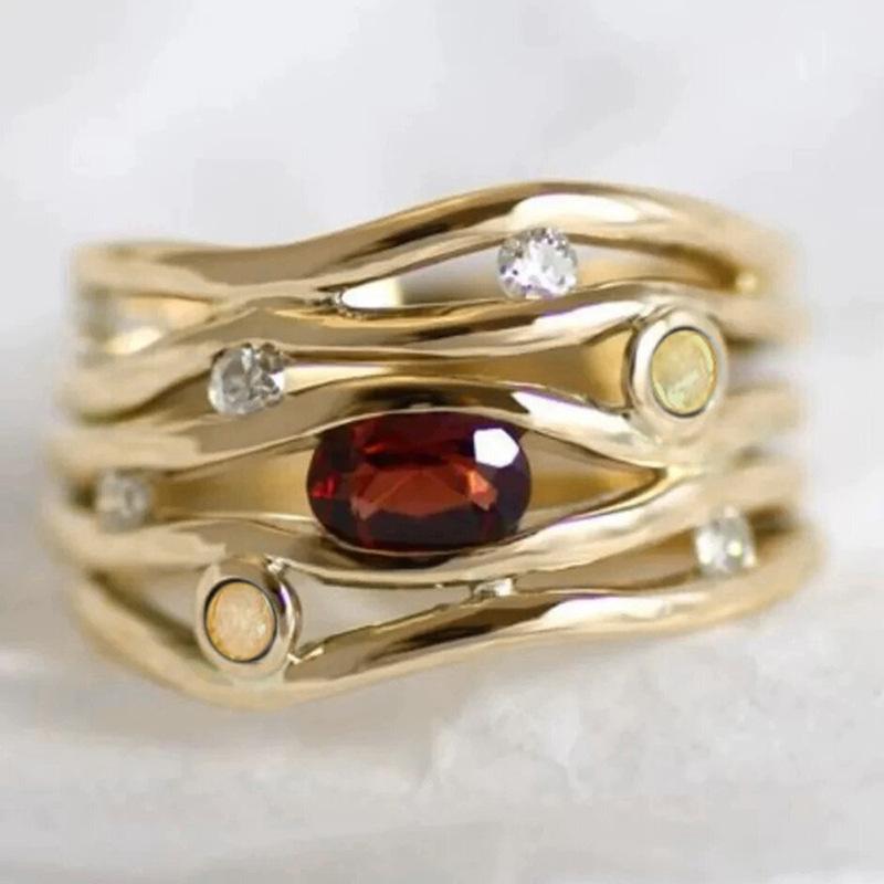 European and American Multi-layer Line Niche Ring, Women s Red Zircon Temperament, Bride s Wedding High-end Elegant Zircon 6