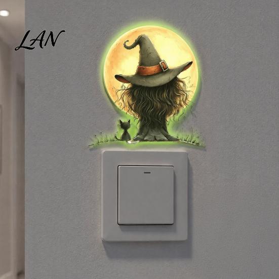 Halloween Atmosphere Room Decor Glow in The Dark Switch Outlet Stickers, Cute Black Cat Witch Theme Wall Decals Pumpkin Skull Decals, Waterproof