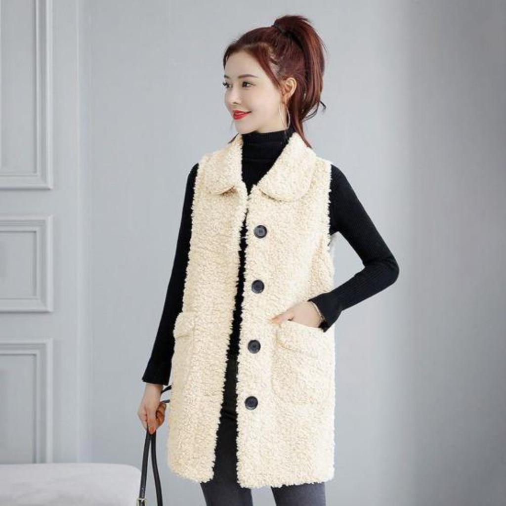 Fall Winter Women Vest Coat Lapel Sleeveless Solid Color Single-breasted Pockets Fleece Cardigan Mid Length Thick Warm Soft Loose Lady Waistcoat