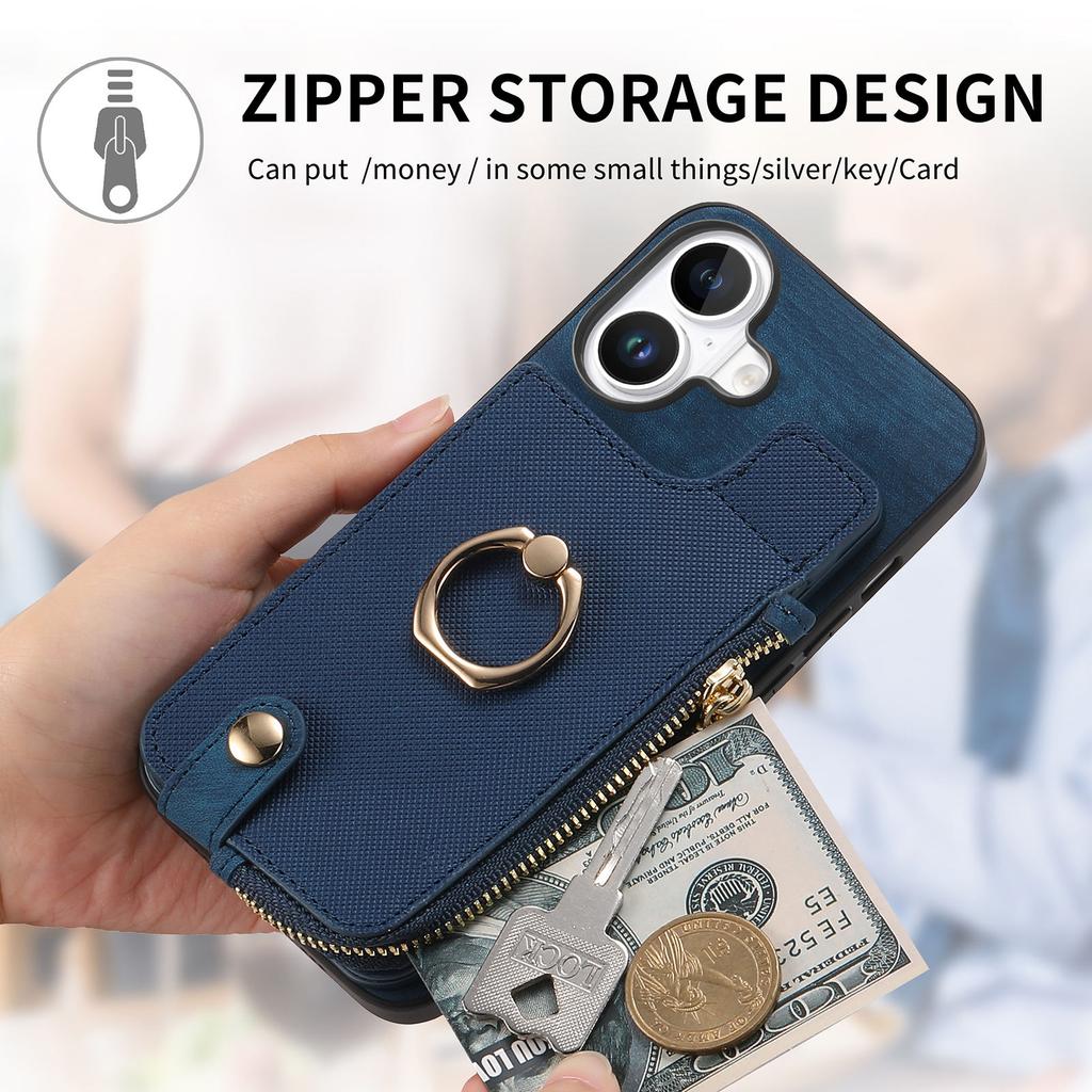 For iPhone 16 Plus Case Zipper Pocket Kickstand Leather Phone Back Cover