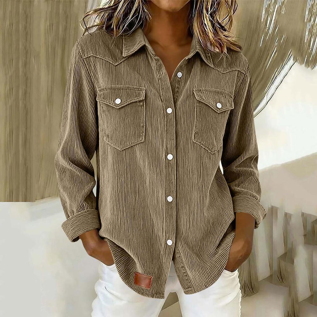 Women's Long Sleeve Button Down Shirt Corduroy Fabric Double Chest Pockets Casual Button Up Top