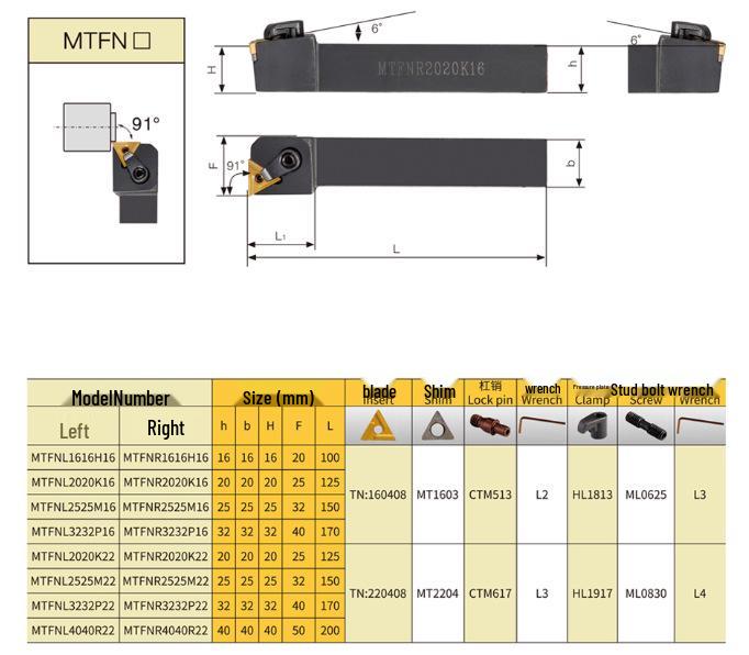 91° CNC External Cylindrical Tool Holder: MTFNR/MTFNL 1616H16, 2020K16, 2525M16, 3232P16
