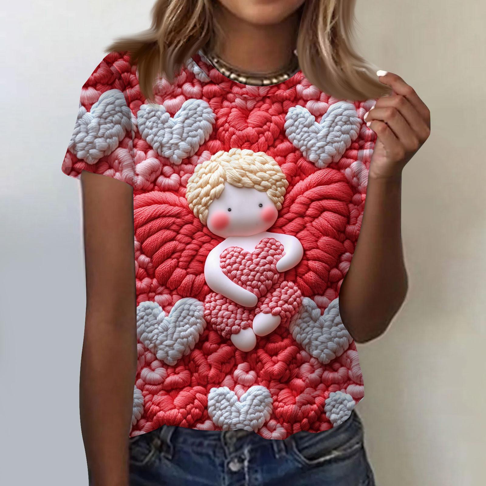 

Женская модная повседневная футболка с коротким рукавом и круглым вырезом с принтом ко Дню святого Валентина XL арбуз красный