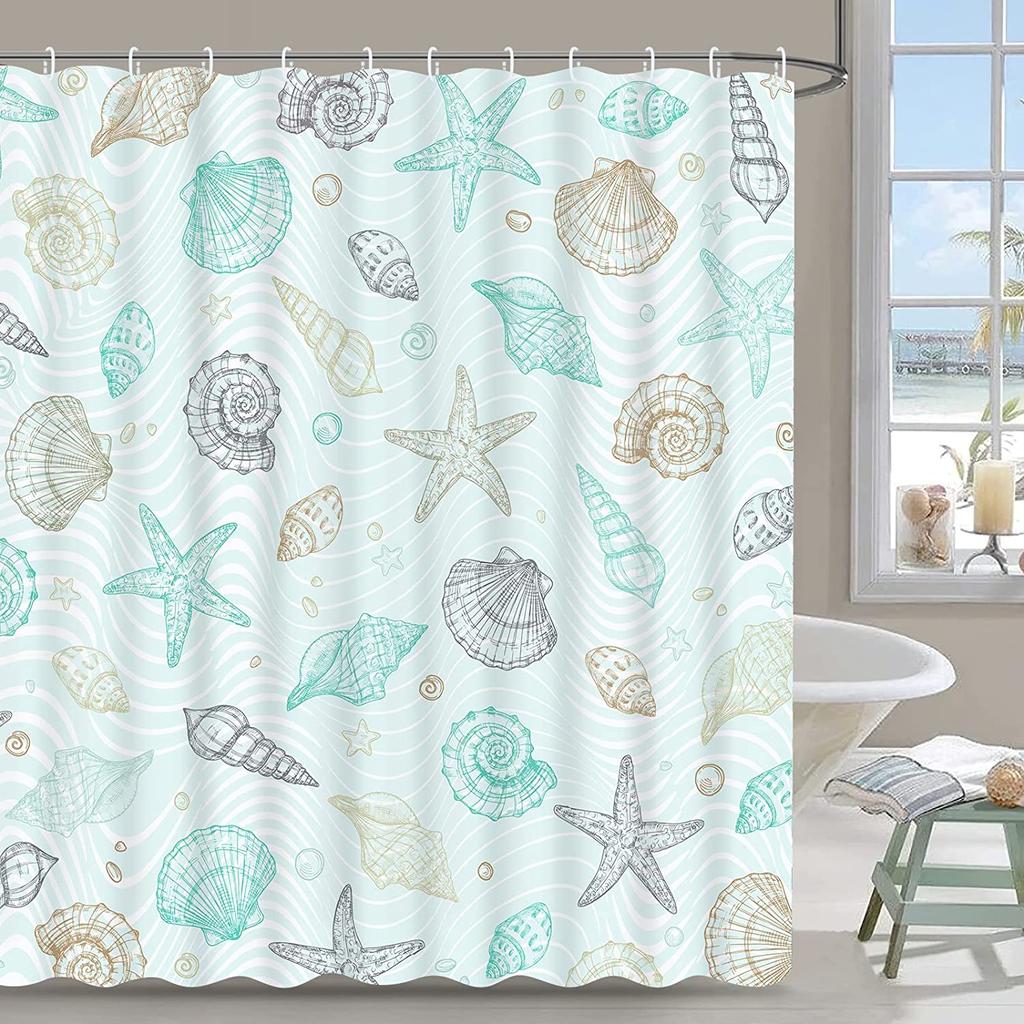 Nautical Coastal Shower Curtains Starfish Seashell Coral Reef Tropical Ocean Beach Marine Life Fabric Bathroom Decor with Hooks