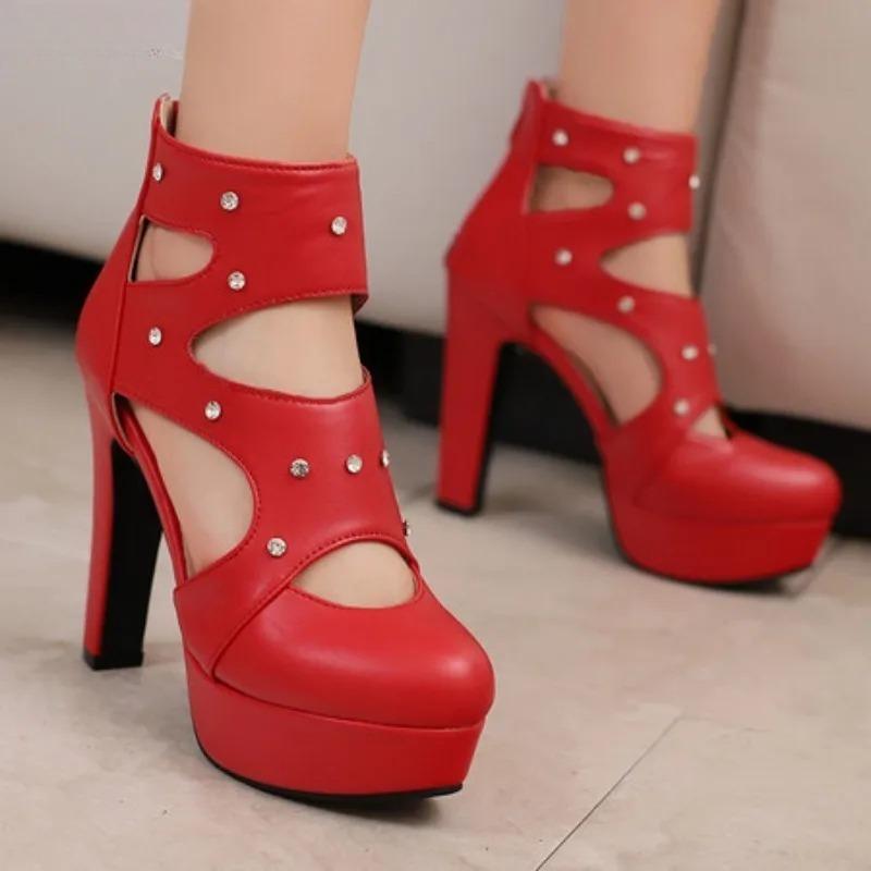 Fashion Women Sandals Round Toe Chunky Heels 12cm Platform 3.5cm Zipper Crystal Plus Size 48 49 50 Party Shoes