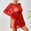 Womens Sheer Knit Beach Cover Up Long Sleeve Side Split Blouse