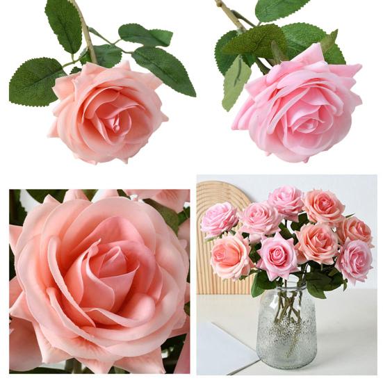 Artificial Rose with Green Leaves Realistic Fake Flower Stem Home Office Wedding Party