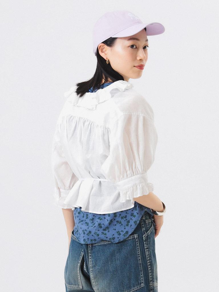 Beams Boy Short Sleeve Cotton Linen Shirt with Ruffles and Gathered One Size Women's Trim, Black,