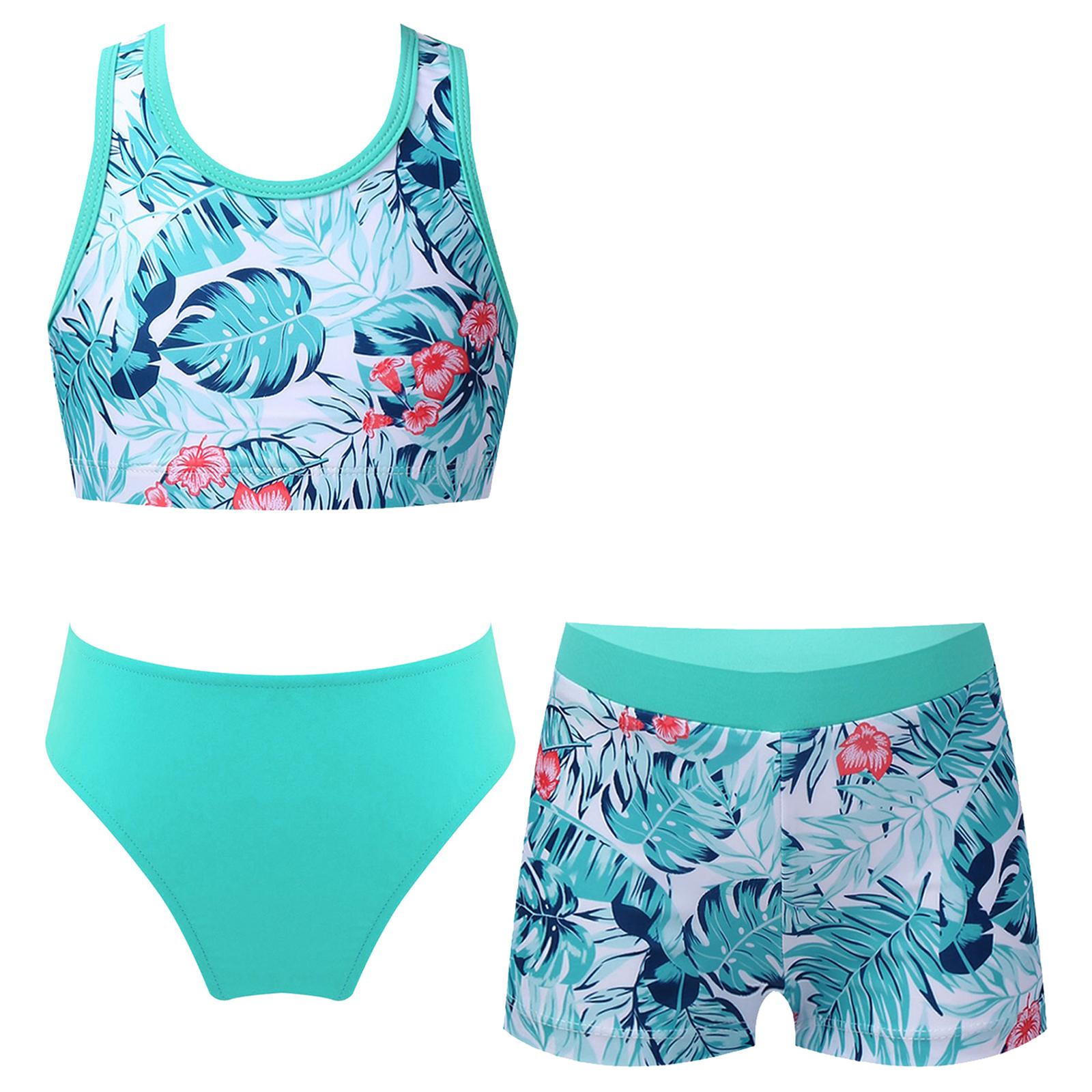 Sywiyi 3-delige badpak met bloemenprint voor meisjes, Criss Cross sportbeha, boyshorts, tankinibadpak 13-14 Years