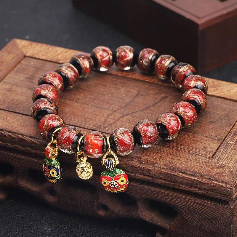 Multicolored Incense Ash Glazed Handcrafted Beaded Bracelet with Swallowing Gold Beast Design for Five-Color Benming Year