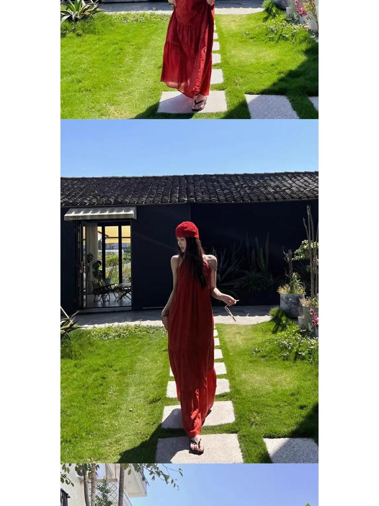 Retro Chinese Style Red Halter Neck Dress for Women - Summer Seaside Vacation Long Flare Skirt