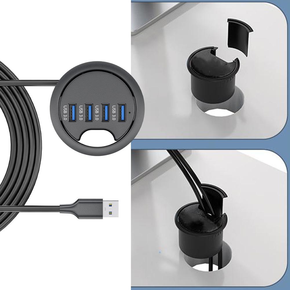 Desk Grommet Hub with 4 USB 3 0 Ports for High Speed 5Gbps Data Transfer and Cable Management on Desktops and Office Workspaces
