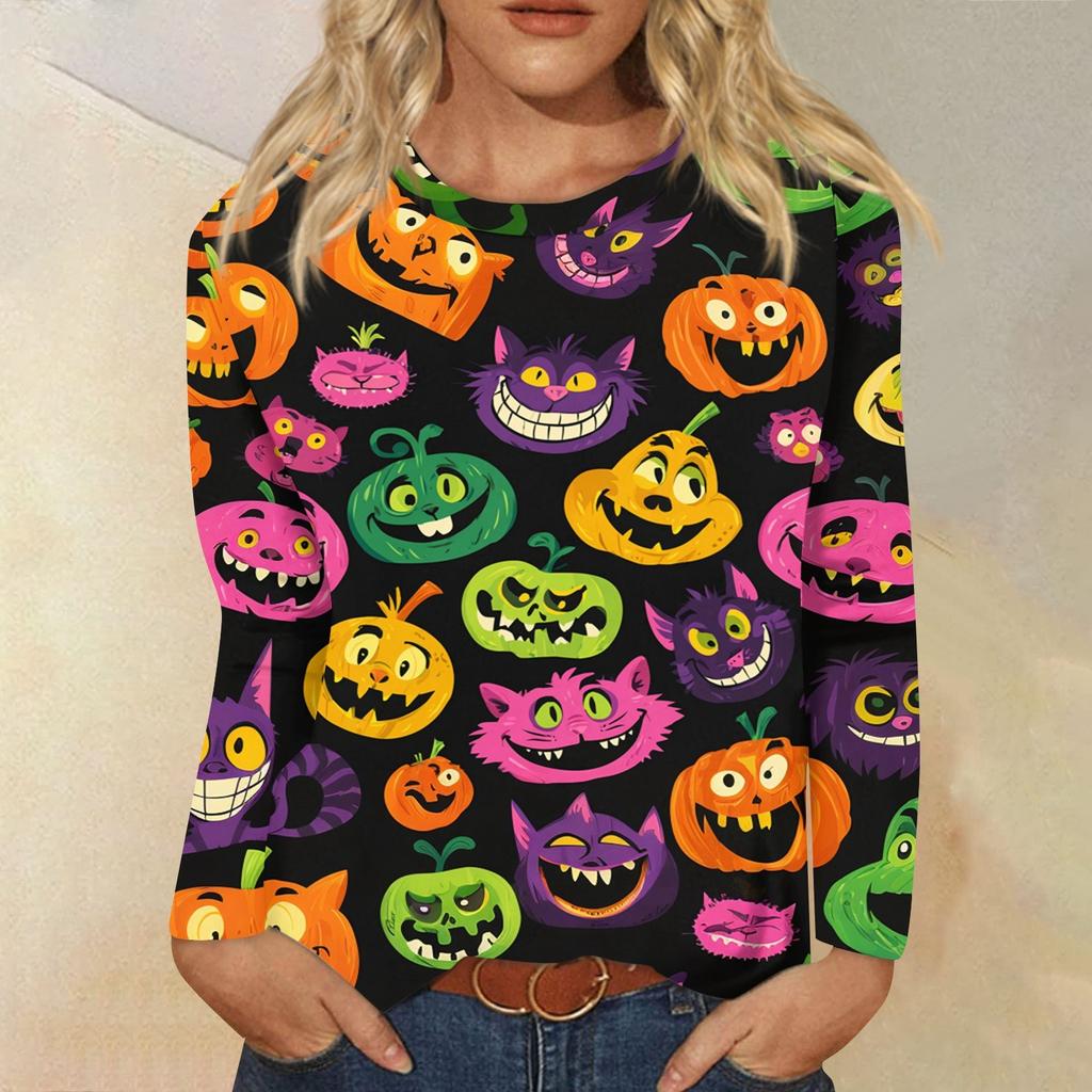 Modisches, lässiges Langarm-Oberteil mit Rundhalsausschnitt und Halloween-Print für Damen