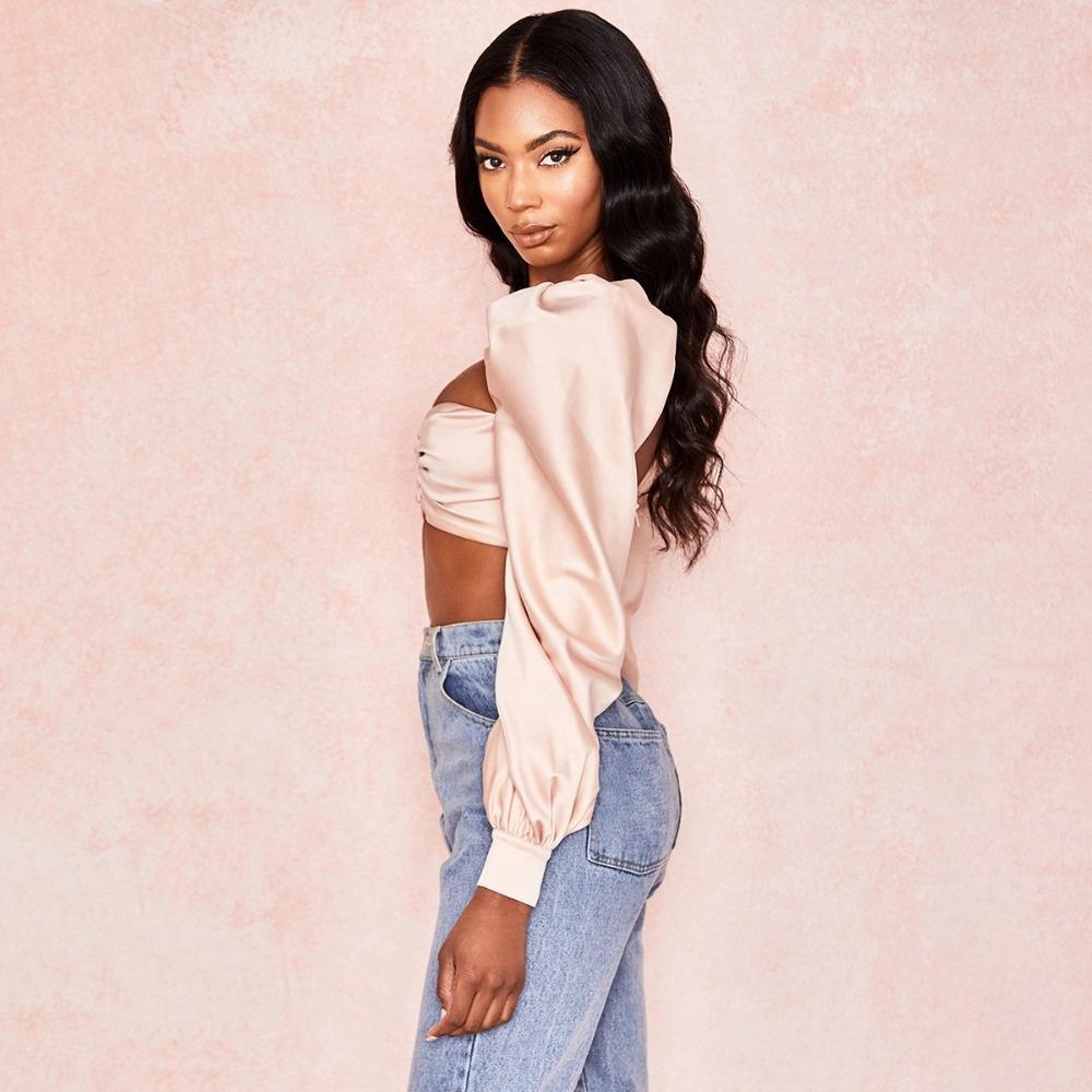 Vintage Puff Long Sleeve Blouse Shirt Crop Top Women Faux Silk Satin Square Neck Button Tops and Blouses