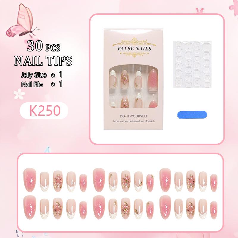 Hot-Selling 3D Pink Flower Gilded False Fingernails: Short Wearable Nail Art Set
