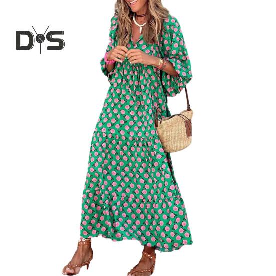 

Женское макси-платье с v-образным вырезом и пышными рукавами 3/4, богемный цветочный принт, шитье, свободный крой, пляжное длинное платье, повседневный сарафан 2XL зелёный