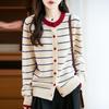 CHAO Stylish Preppy Striped Wool Cardigan - Single-Breasted, Round Neck, Double-Ply Thick Knit