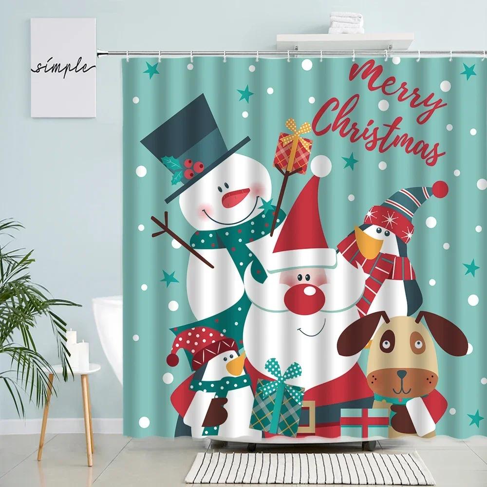 Funny Christmas Snowman Shower Curtains Winter White Forest Cedar Xmas Ball New Year Holiday Decor Bathroom Fabric Bath Curtain