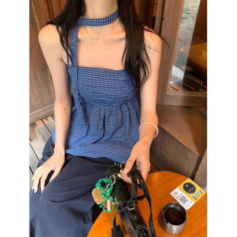 ) Sweet Spice Girl Plaid Neck Ribbon Sling Vest Women's Summer Waist Pleated Sleeveless Top