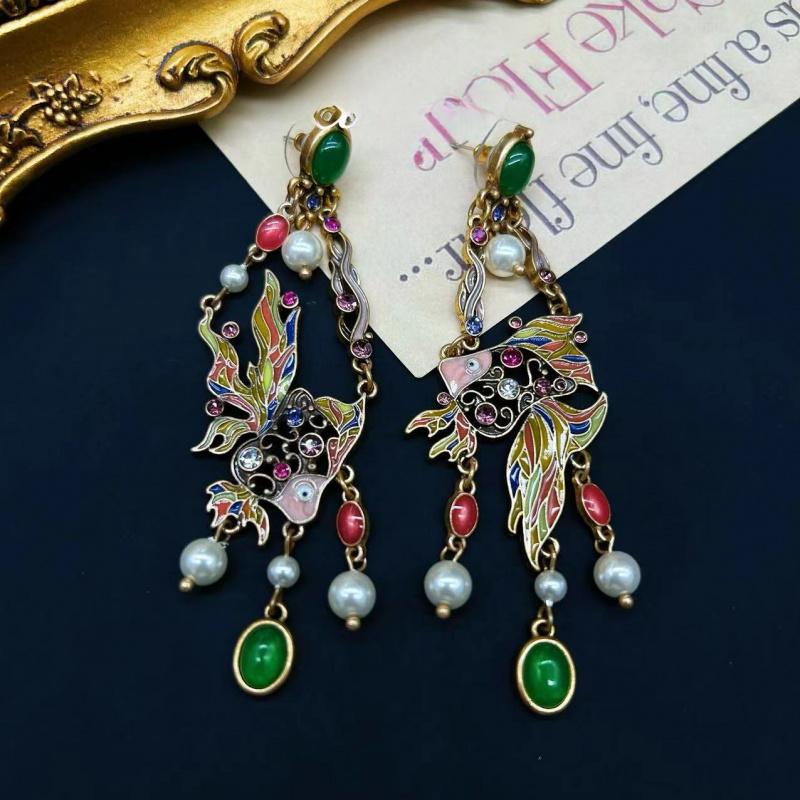 Vintage Fashion Goldfish Shaped Tassel Shoulder Sweep Earrings Pearl Enamel Stone Glass Women's Jewelry Free Shipping