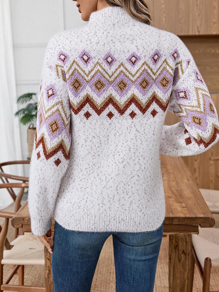Autumn Winter Women's Jacquard Pullover Sweater - Half-High Collar, Long Sleeve, Casual Loose Knitwear