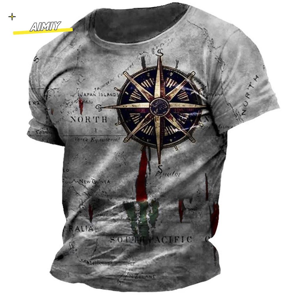 Vintage Summer Compass Pattern 3D Printed Short-sleeve Men's T-shirts Loose Daily Men Clothing Casual Streetwear