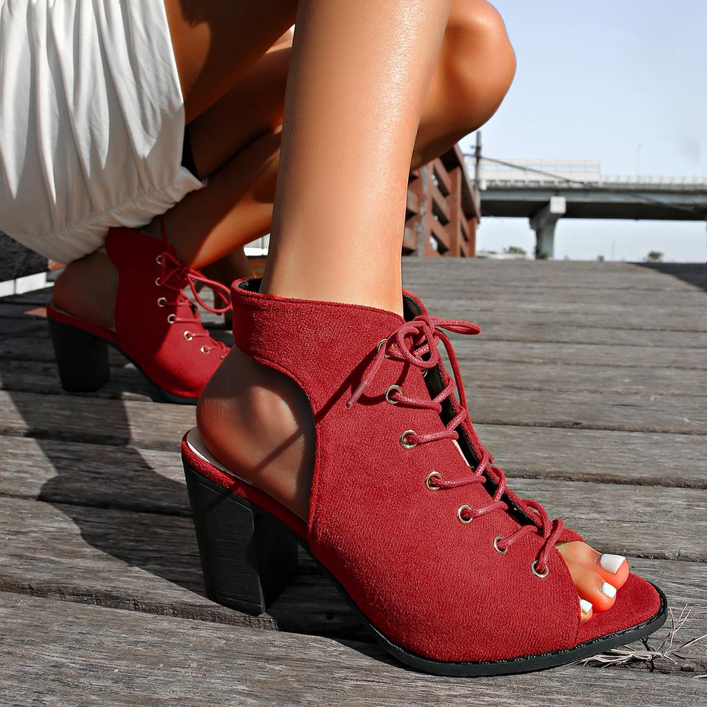 Fashion Sandalias De Mujer Women High Heels Dance Shoes Summer New Woman Suede Peep Toe Fashion Party Shoes Lace-up Female Sandals