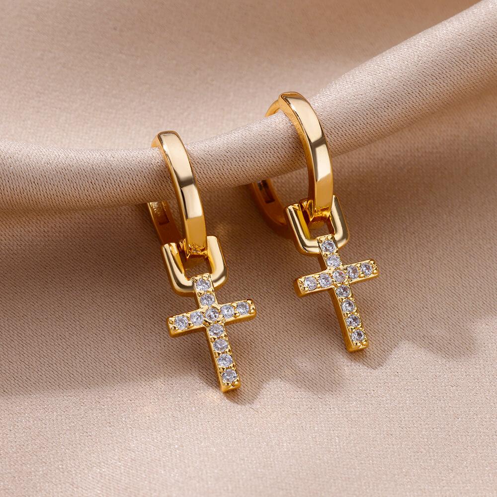 

Stainless Steel Zircon Cross Dangle Earrings For Women Girls Cross Earring Trending Couple Wedding Aesthetic Jewelry Gifts Gold