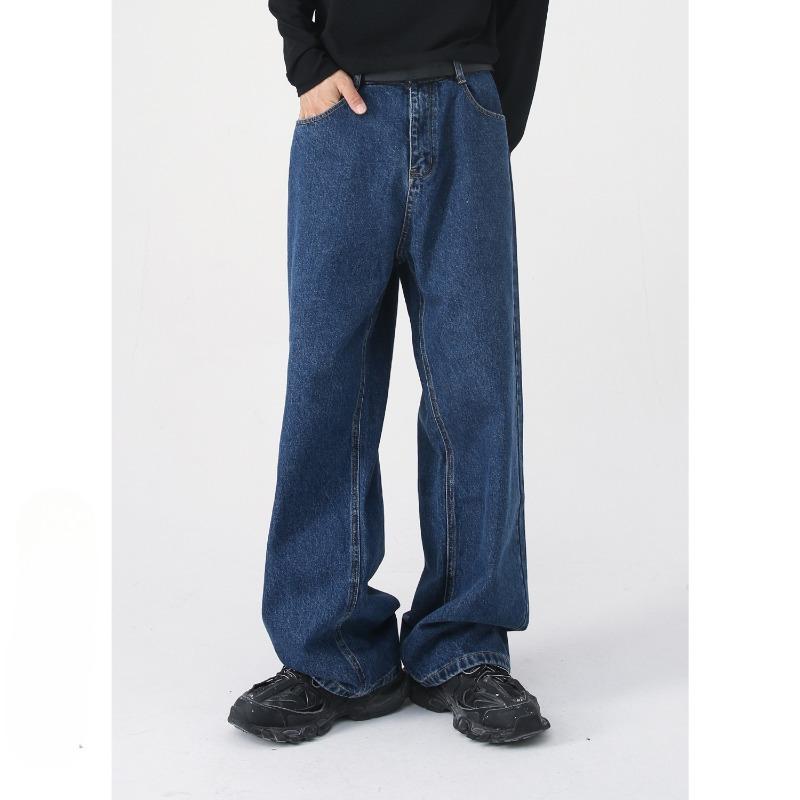 Men's New Loose Semi-elastic Waist Loose Straight Denim Trousers