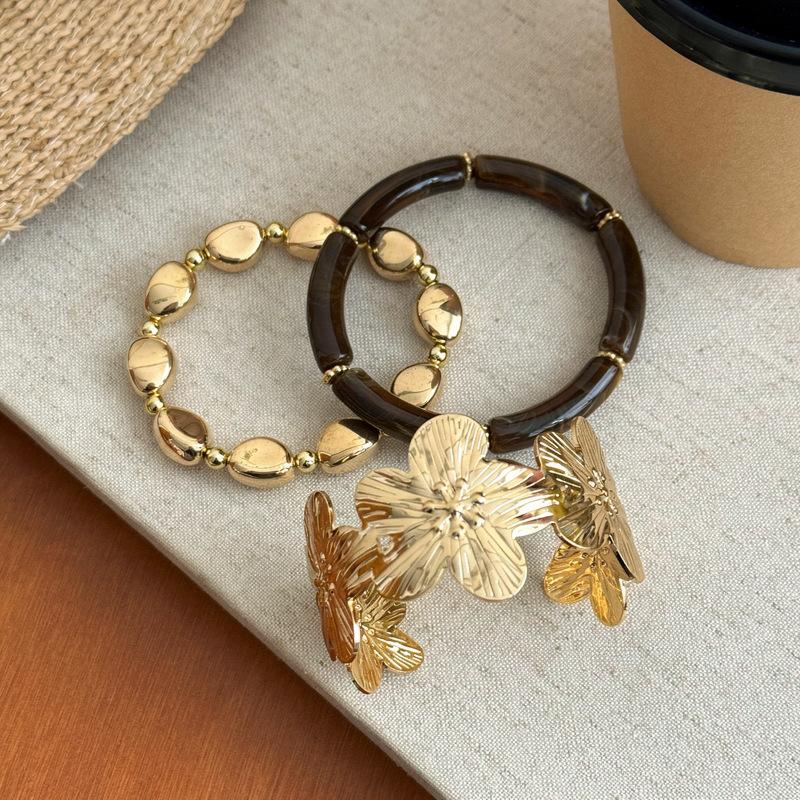 3Pcs Bohemian Ethnic Resin Bracelets for Women Golden Blossom Beaded Alloy Craft Fashion Wrist Accessory for Outdoor Picnic