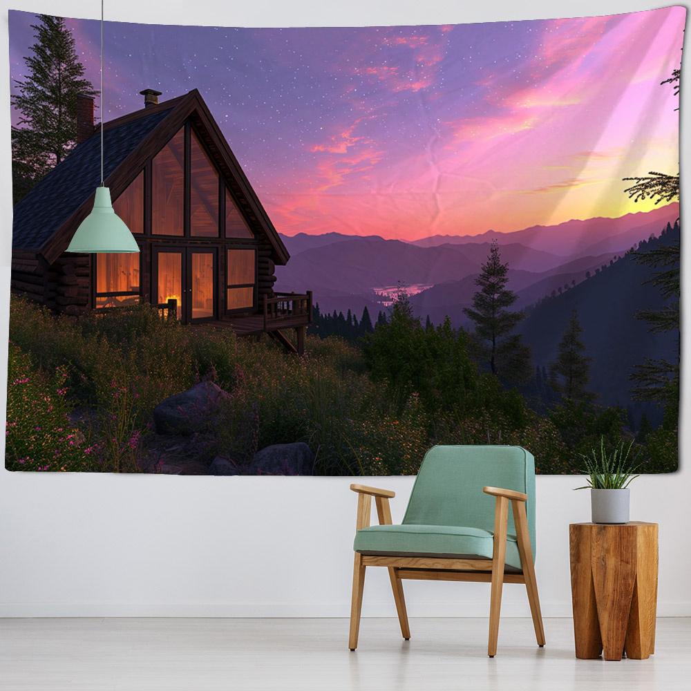 Forest Wooden House Tapestry Hanging Wall, Snow Mountain Landscape, Bohemian Tapestry, Hippie Living Room Wall Background Cloth