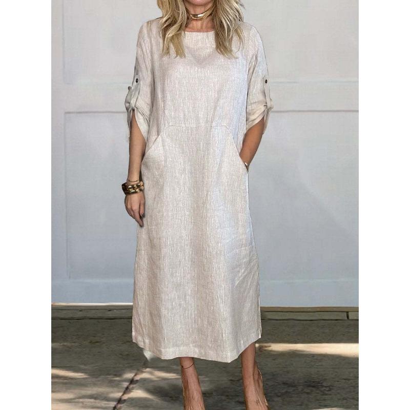 Casual Fashion O Neck Short Sleeve Women Dress Elegant Solid Color Loose Simple A-line Party Dresses Female Plus Size Pockets Spring Summer Clothing