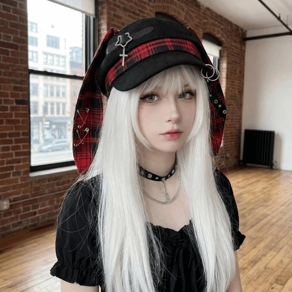 Rabbit Ears Plaid Beret Hat Thin Brim Newsboy Peaked Hat Casual Painter Artist Cap  Girls