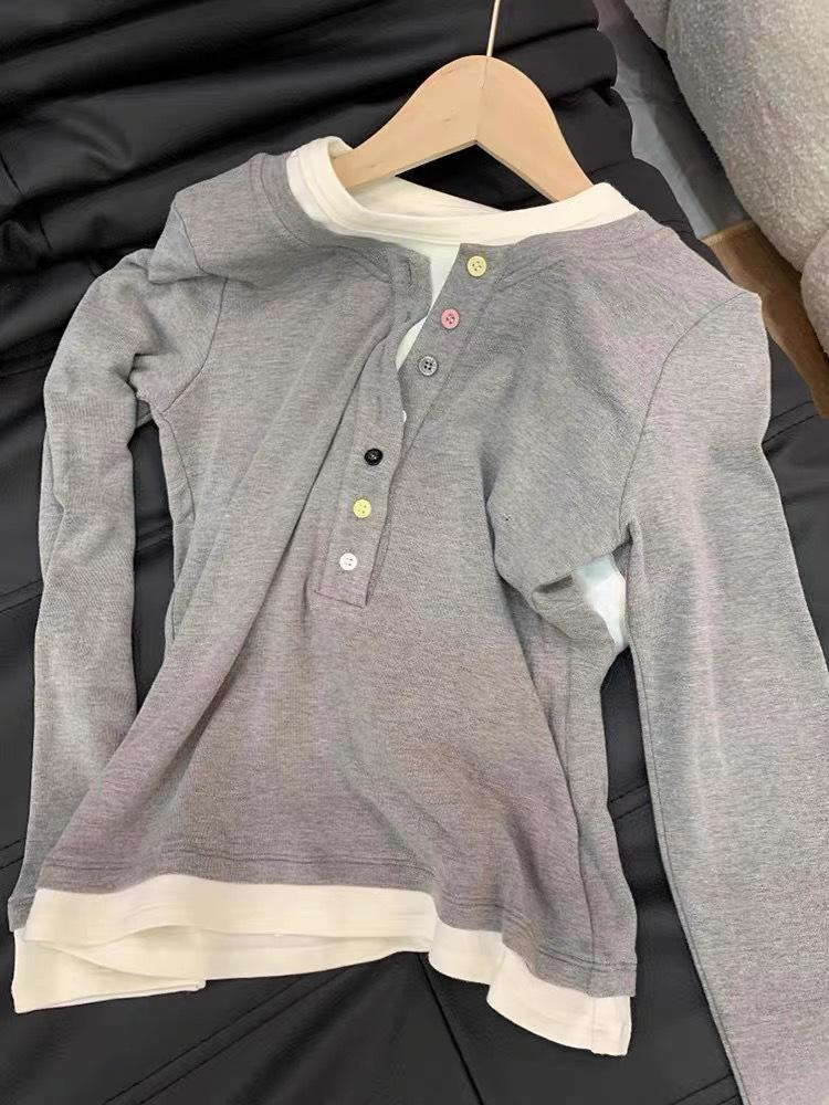 Plus Size V-Neck Long Sleeve Layered T-Shirt - Slimming, Colorful, Buttoned Top for Women