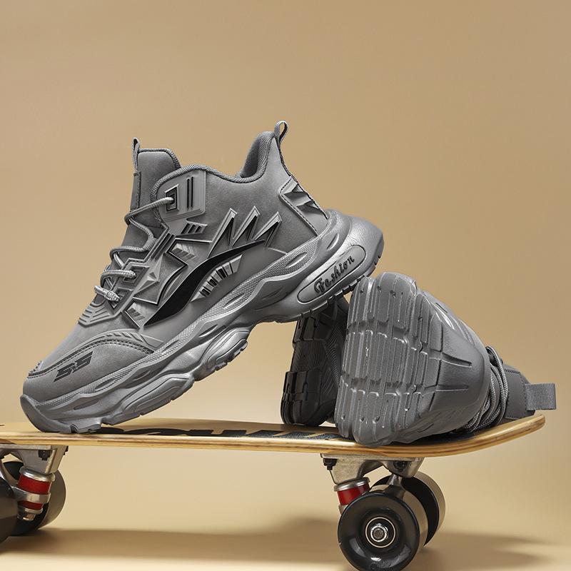 Fashion autumn and winter new leather high-top thick-soled versatile Hong Kong style men's sports shoes comfortable and lightweight men's mecha casual